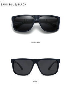 Detailansicht der quadratischen Polarisations-Sonnenbrille mit sandblauen Bügelscharnieren