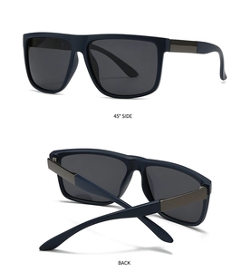 Detailansicht der mattblauen quadratischen Sonnenbrille mit grauen Gläsern und Metallakzent