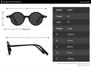 Guide des tailles et dimensions détaillées pour lunettes rondes rétro en PC 28008