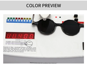 Détail montrant le test UV400 de lunettes de soleil rondes noires sur un appareil