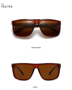 Nahaufnahme der bernsteinfarbenen quadratischen Sonnenbrille mit braunen Gläsern im Detail