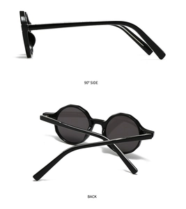 Vue latérale et arrière des lunettes de soleil rondes rétro avec monture noire épaisse