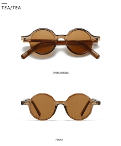 Vues frontale et de dessus des lunettes de soleil translucides thé à monture polygone