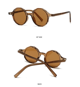 Vues détaillées de la monture polygone ambre et des verres bruns des lunettes rétro