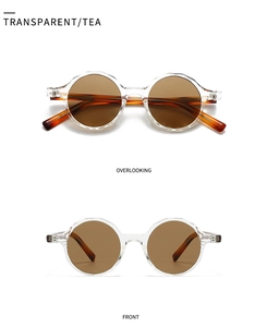 Vues de face et de dessus de lunettes de soleil rondes rétro avec monture transparente
