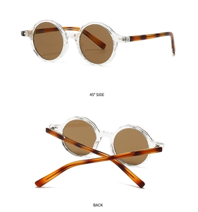 Vue détaillée de lunettes de soleil rondes rétro avec monture transparente et branches écaillées