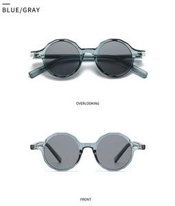 Détails de lunettes de soleil rondes gris bleu avec monture translucide vue de face et haut