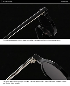 Détails des charnières métalliques et de la monture noire de ces lunettes de soleil