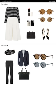 Mise à plat de lunettes rondes rétro avec lookbook de tenues d'affaires chic