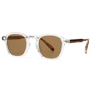 Retro square sunglasses with transparent frames, brown lenses and tortoiseshell temple detail