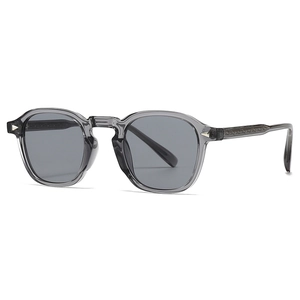 Retro grey acetate sunglasses with silver rivet accents and textured metal core temples