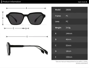 Detailed size chart for retro square sunglasses with frame and lens measurements