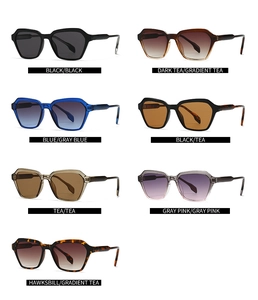 Collection of polygon sunglasses in seven colors including black and tortoiseshell finishes