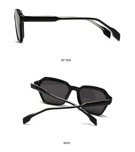 Detail view of retro black sunglasses showing 90-degree side and back frame structure