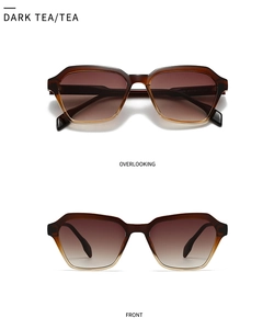 Macro view of retro geometric sunglasses featuring dark tea gradient lenses and amber frames