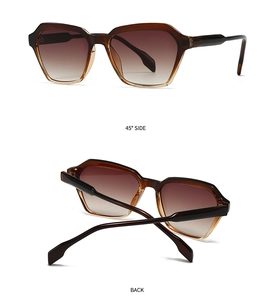 Detailed views of geometric brown gradient sunglasses at 45 degree side and back angles