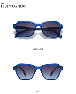 Detail view of transparent blue acetate sunglasses with grey gradient lenses and CE marking