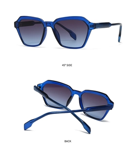 Detail of blue transparent geometric sunglasses with gradient lenses and 45-degree side view