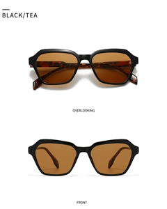 Front and top views of geometric sunglasses featuring black frames and tea-tinted lenses