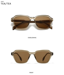 Front and top view of stylish oversized tea brown square frame sunglasses with dark lenses
