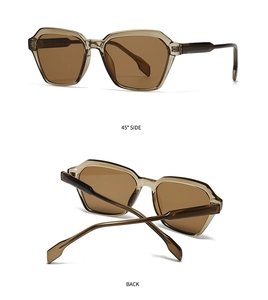 Detailed side and back views of geometric hexagonal brown sunglasses with resin lenses