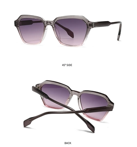 Detailed 45-degree side and back view of retro geometric sunglasses with gradient lenses