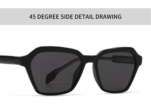 Detail view showing 45 degree side profile of black polygonal full frame sunglasses