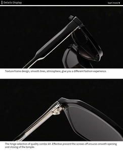 Detail view of smooth acetate frame design and precision metal hinges for sunglasses