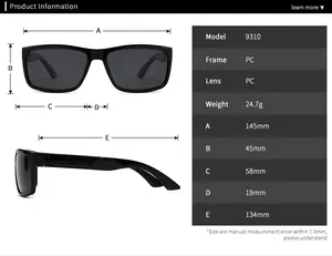 Detailed size guide showing dimensions and frame specifications for square sunglasses