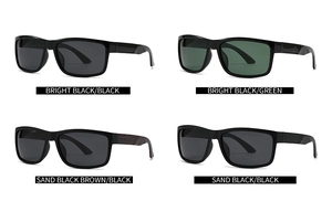 Detail view showing four variants of square polarized sunglasses in black and matte wood grain