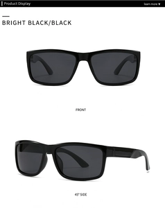 Front and 45-degree side view of bright black square frame polarized sunglasses