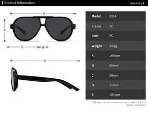 Detailed technical size chart for 9314 round frame polarized sunglasses for men