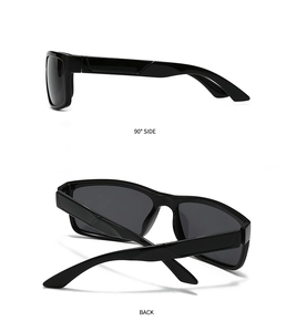 Side and back views of square black polarized sunglasses with sleek polished frames