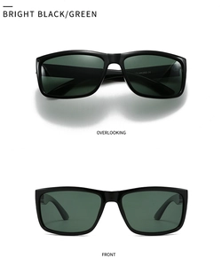 Detail of square polarized sunglasses in bright black frame with dark green lenses