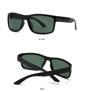 Detailed side and back views of square black polarized sunglasses with green lenses