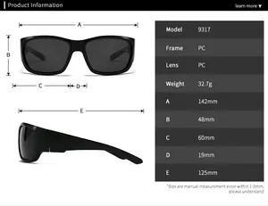 Detailed technical dimension chart showing frame and lens measurements for square sunglasses