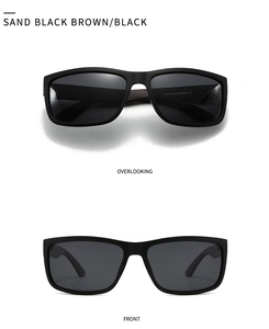 Detailed front and top view of matte black polarized square sunglasses with CE mark