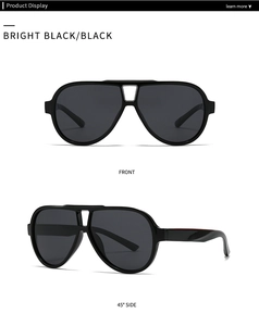 Front and 45-degree side views of classic bright black aviator sunglasses with dark lenses