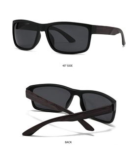 Detail view of 45-degree and back angles showing dark wood texture on square sunglasses