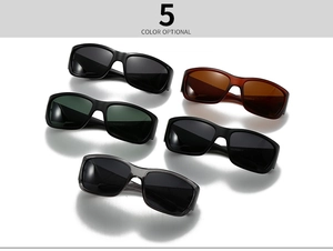 Flat lay of polarized square sunglasses showcasing five trendy color options and resin frames