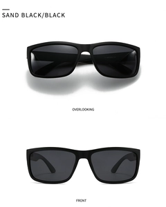 Front and top view of matte sand black square polarized sunglasses for men