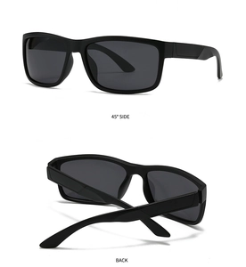 Detailed views of modern square polarized sunglasses from side and back angles