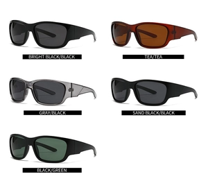 Detailed view of five color options for square polarized sports sunglasses in a grid layout
