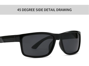 Detail view of 45-degree angle showcasing thick black square frames and temples of sunglasses