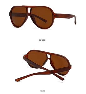 Detailed views of amber brown pilot sunglasses showing the 45-degree side and back foldable frame