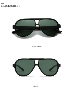 Dual view of black pilot sunglasses with green lenses showing front and top angles