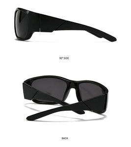 Detailed side and back views of glossy black square polarized sunglasses for men