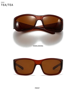 Detail view of tea polarized lenses with square frame and CE marking on temples