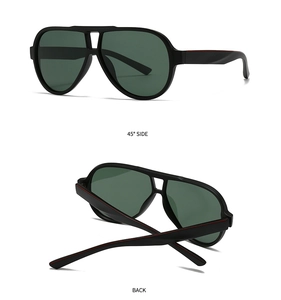 Detail view of round polarized sunglasses showing 45-degree side and back with red temple stripes