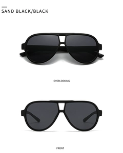 Detailed front and top view of sand black round frame polarized sunglasses with double bridge